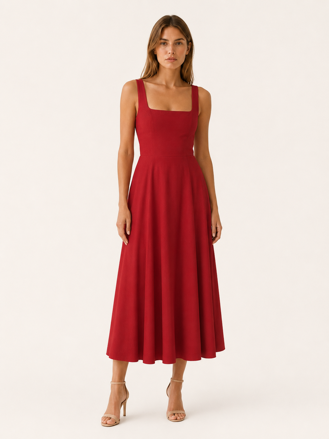 square neck red midi dress Luna Red Regular Square Neck Jacquard Midi Dress
