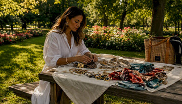 Woman examining statement accessories at café table