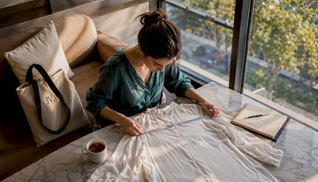 Woman measuring blouse at home table