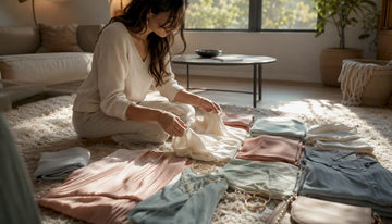 Woman sorting minimalist wardrobe essentials