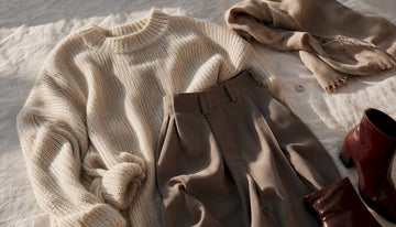 Flatlay of neutral tone outfit with textures