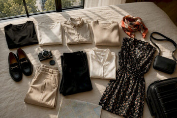 Flat lay of 10-piece women's city capsule wardrobe
