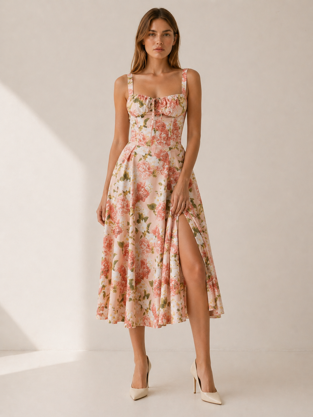 Elara | Floral Midi Sundress with Lace Up Front