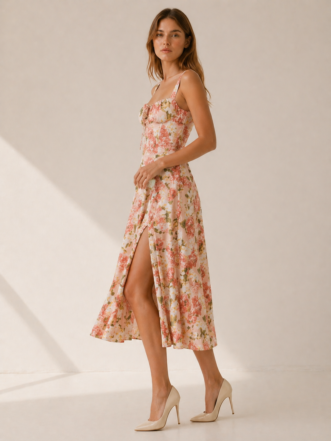 Elara | Floral Midi Sundress with Lace Up Front