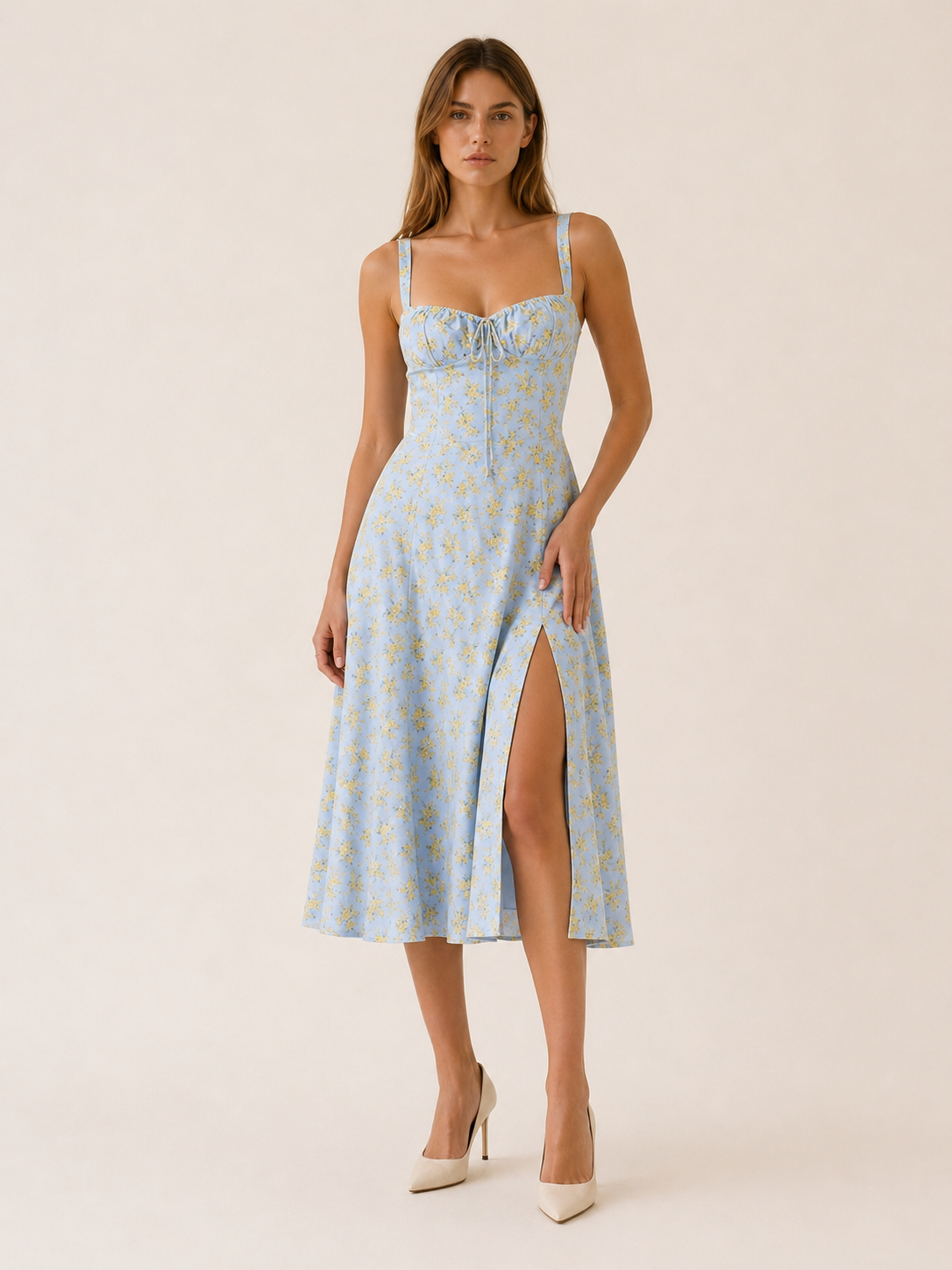 Elara | Floral Midi Sundress with Lace Up Front