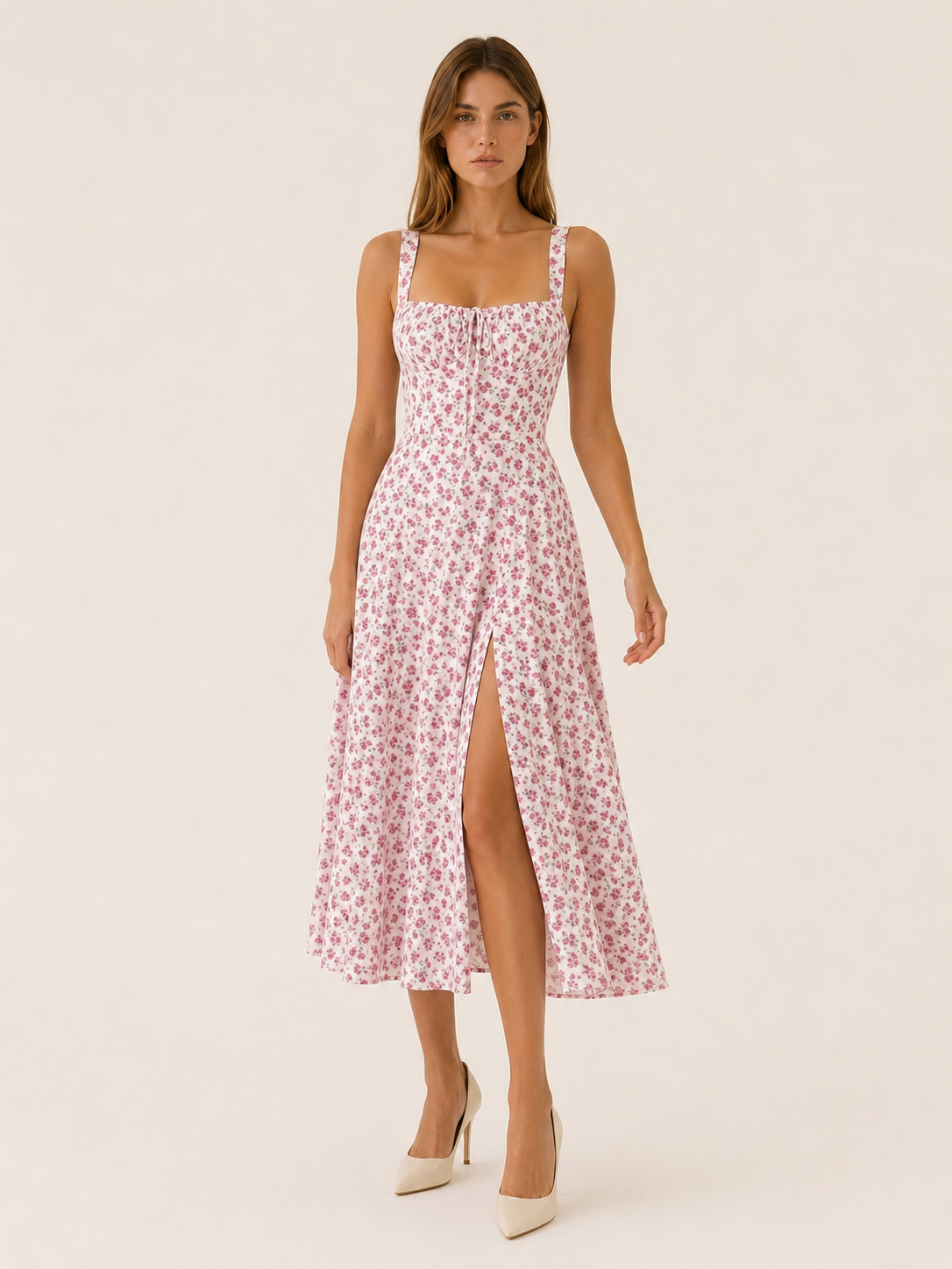 Elara | Floral Midi Sundress with Lace Up Front
