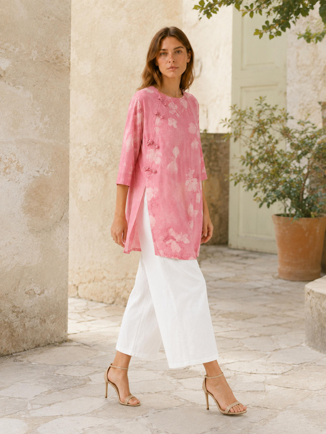 Isla | Linen Blend Top with Print Button Detail