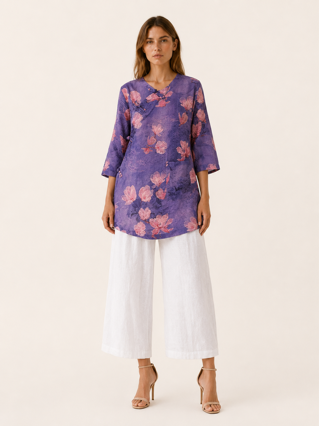Isla | Linen Blend Top with Print Button Detail