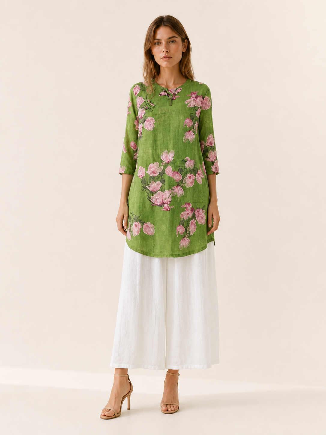 Isla | Linen Blend Top with Print Button Detail