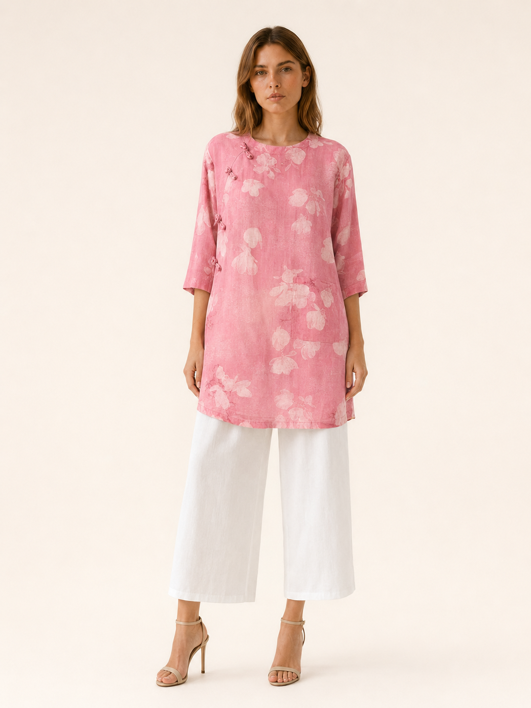 Isla | Linen Blend Top with Print Button Detail