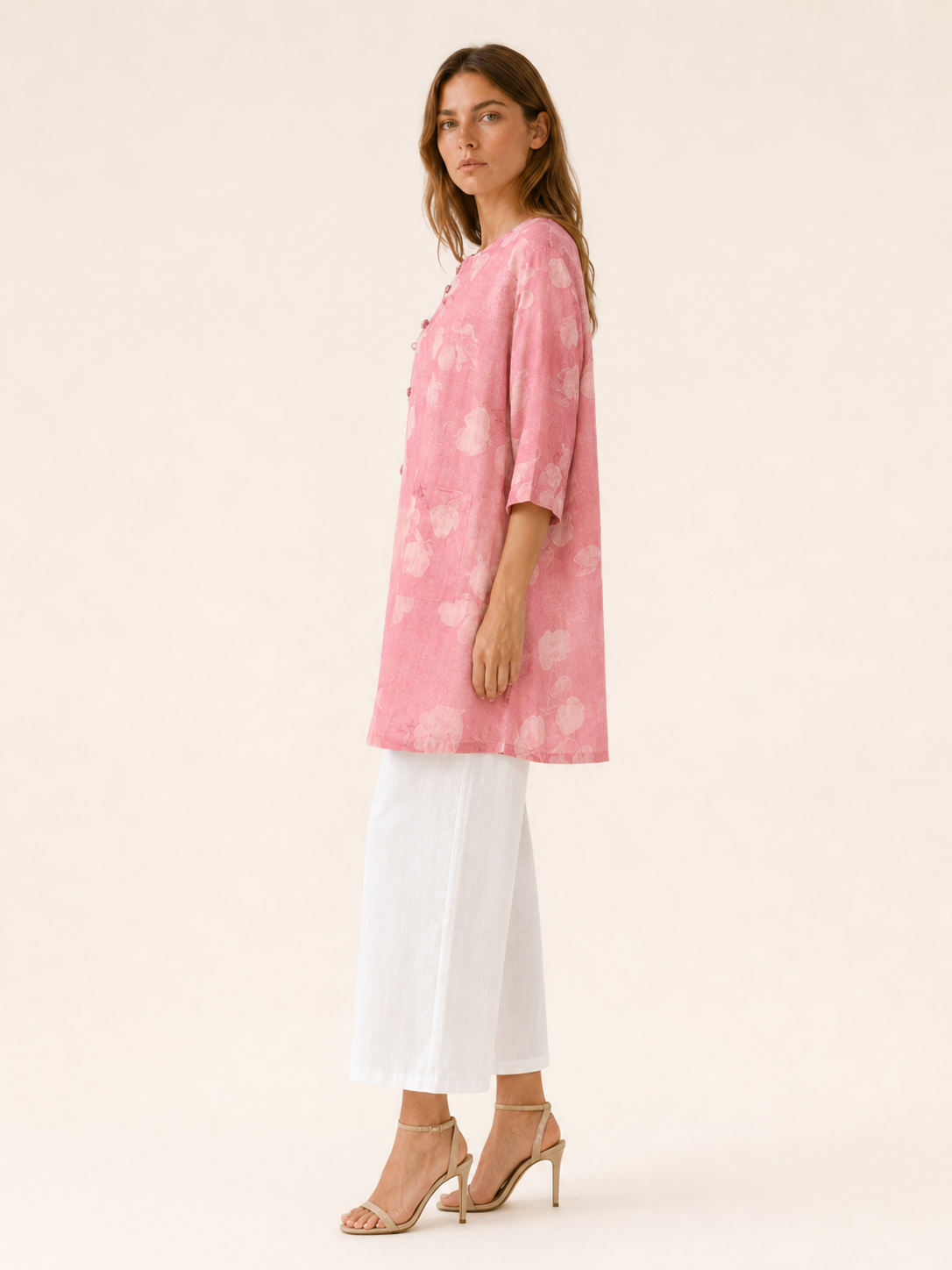 Isla | Linen Blend Top with Print Button Detail