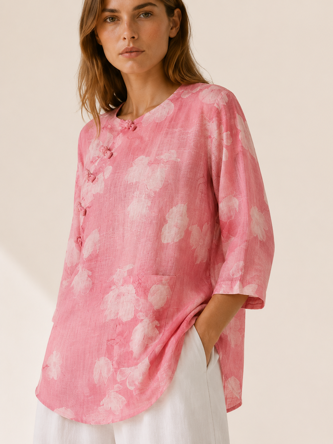 Isla | Linen Blend Top with Print Button Detail
