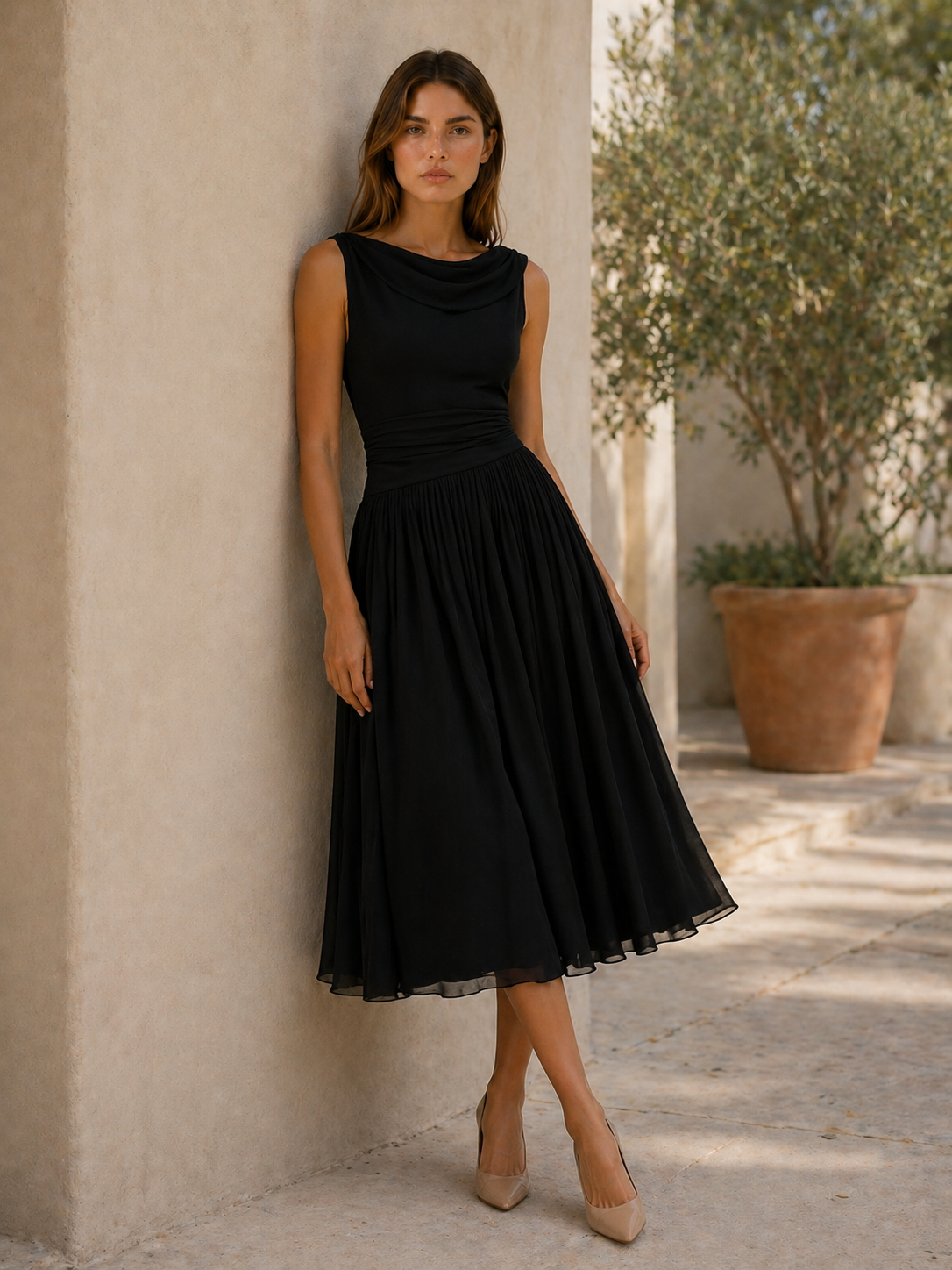 Isabella | Pleated Midi Dress with Draped Neckline