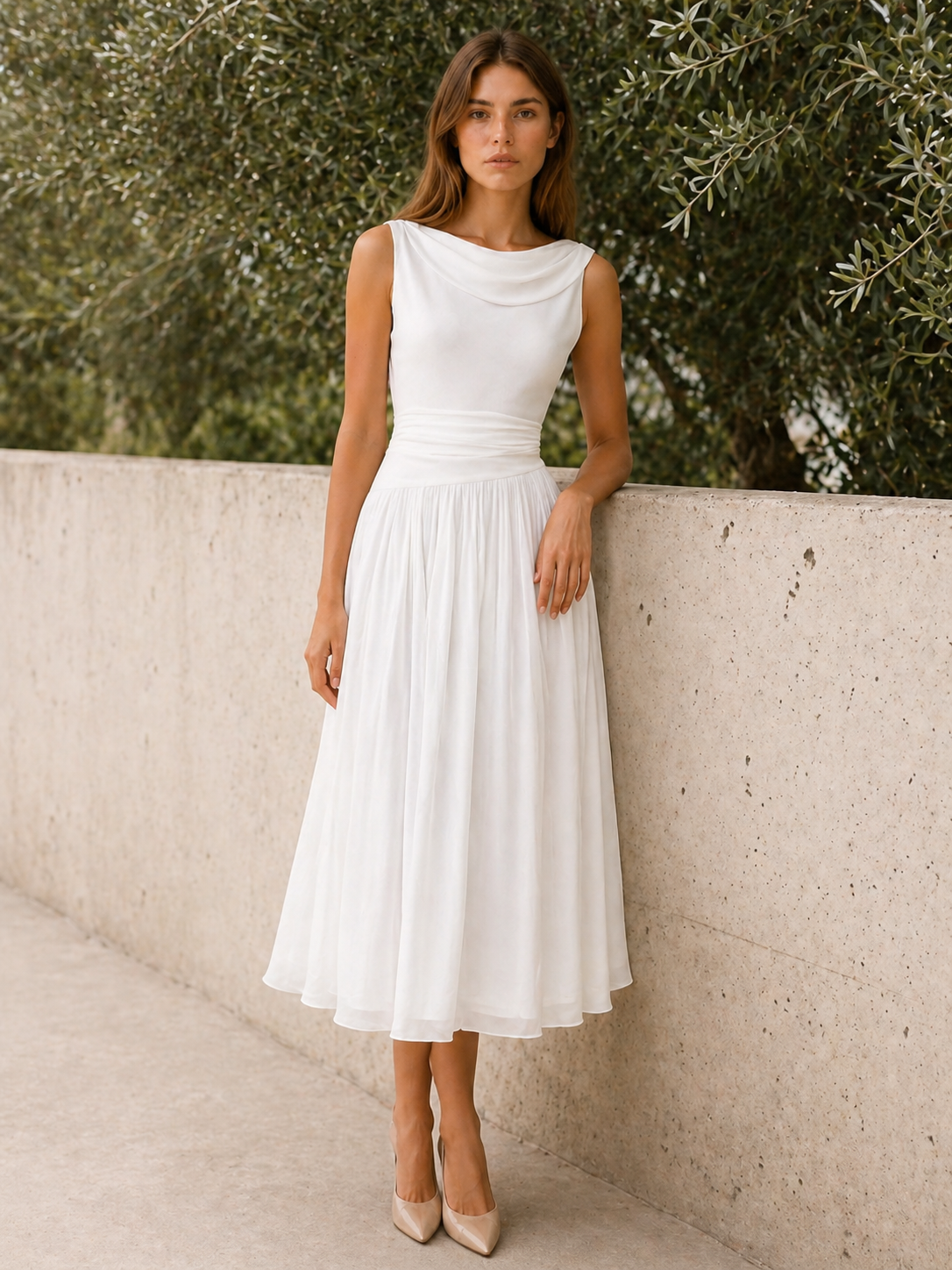Isabella | Pleated Midi Dress with Draped Neckline