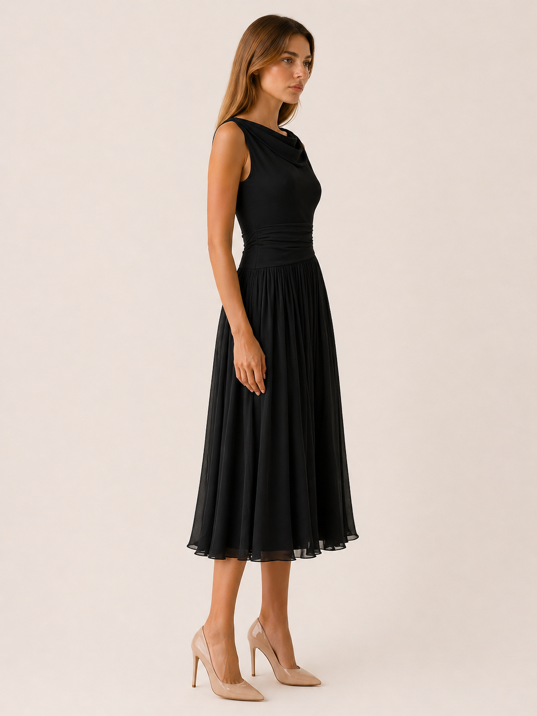 Isabella | Pleated Midi Dress with Draped Neckline