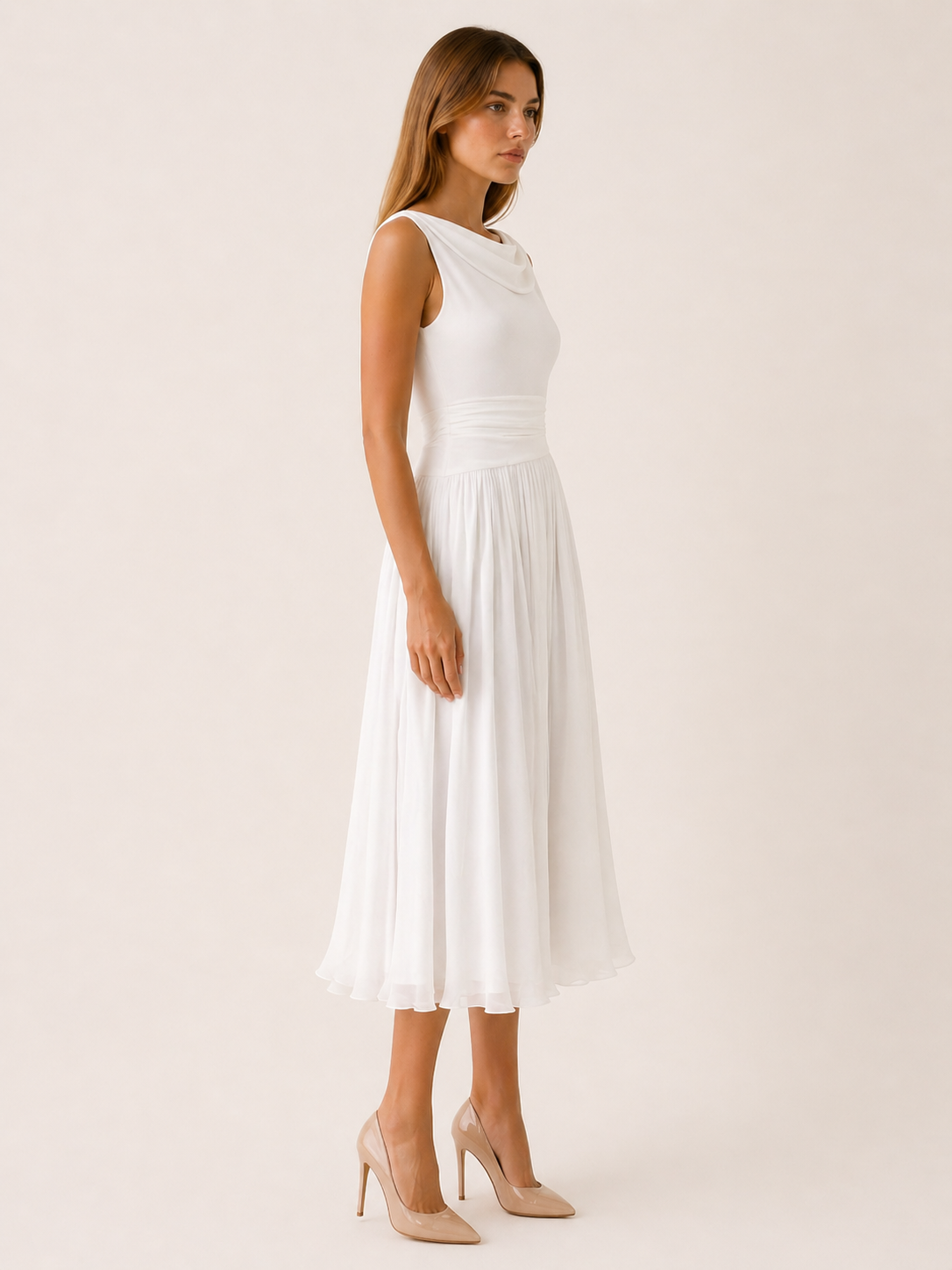 Isabella | Pleated Midi Dress with Draped Neckline