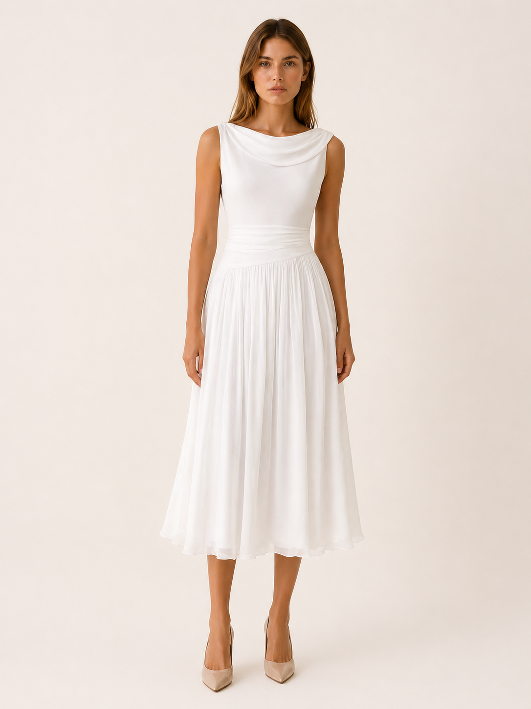 Isabella | Pleated Midi Dress with Draped Neckline