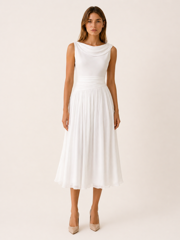 Isabella | Pleated Midi Dress with Draped Neckline