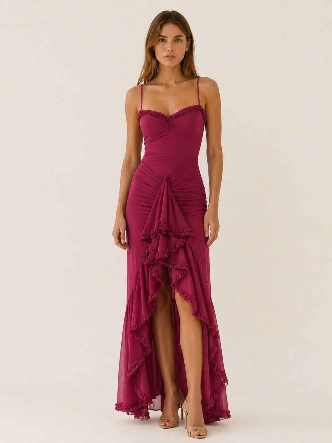 Adeline | Ruffle Maxi Dress with Ruched Detail