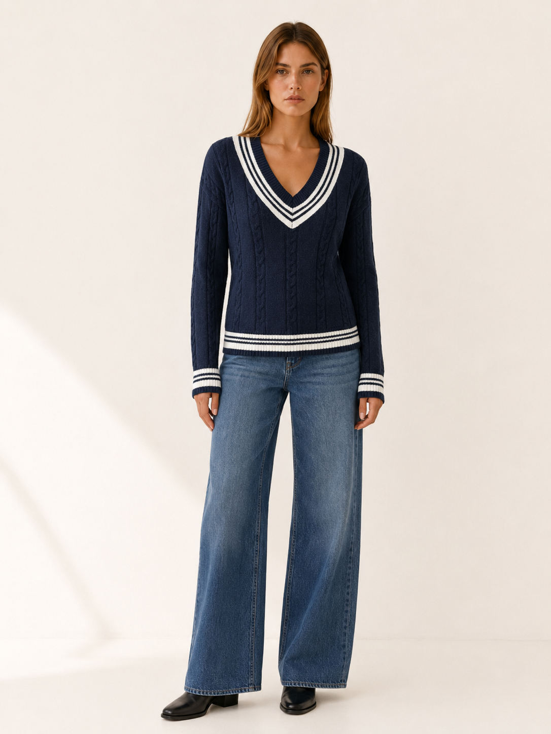 Abria | V Neck Sweater with Contrast Trim and Textured Detail