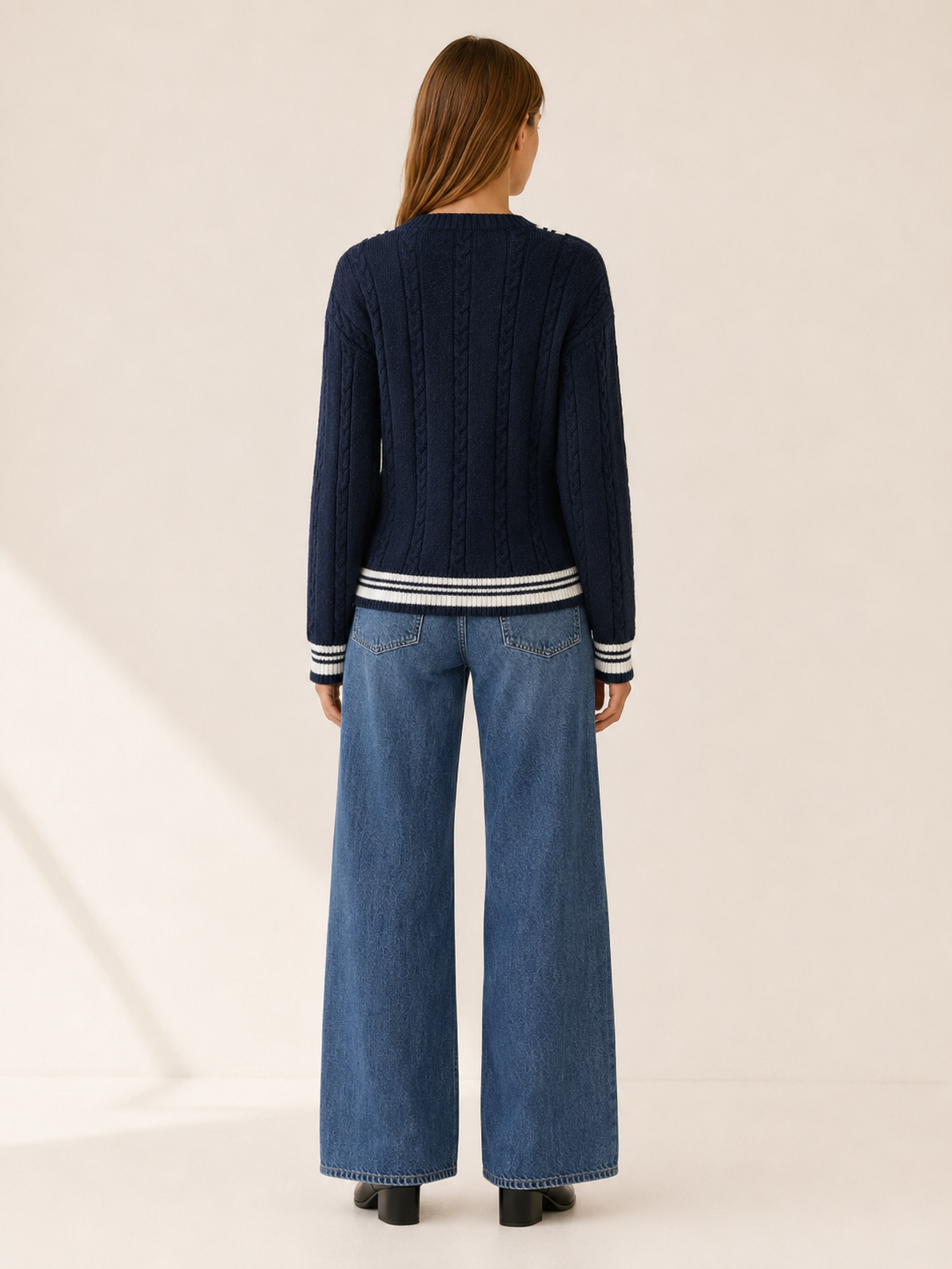 Abria | V Neck Sweater with Contrast Trim and Textured Detail