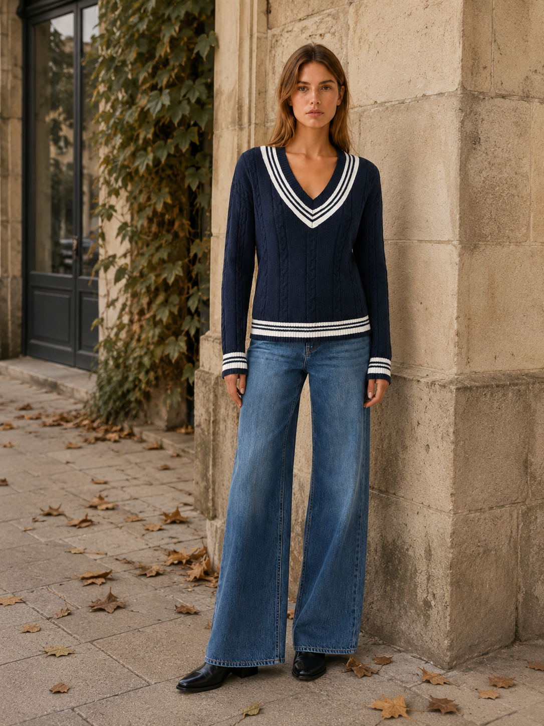 Abria | V Neck Sweater with Contrast Trim and Textured Detail