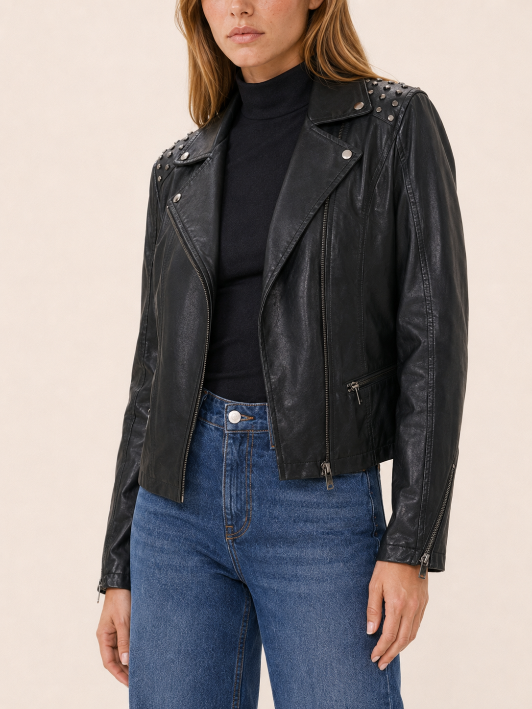 Aderyn | Biker Jacket with Studded Shoulders and Asymmetric Zip