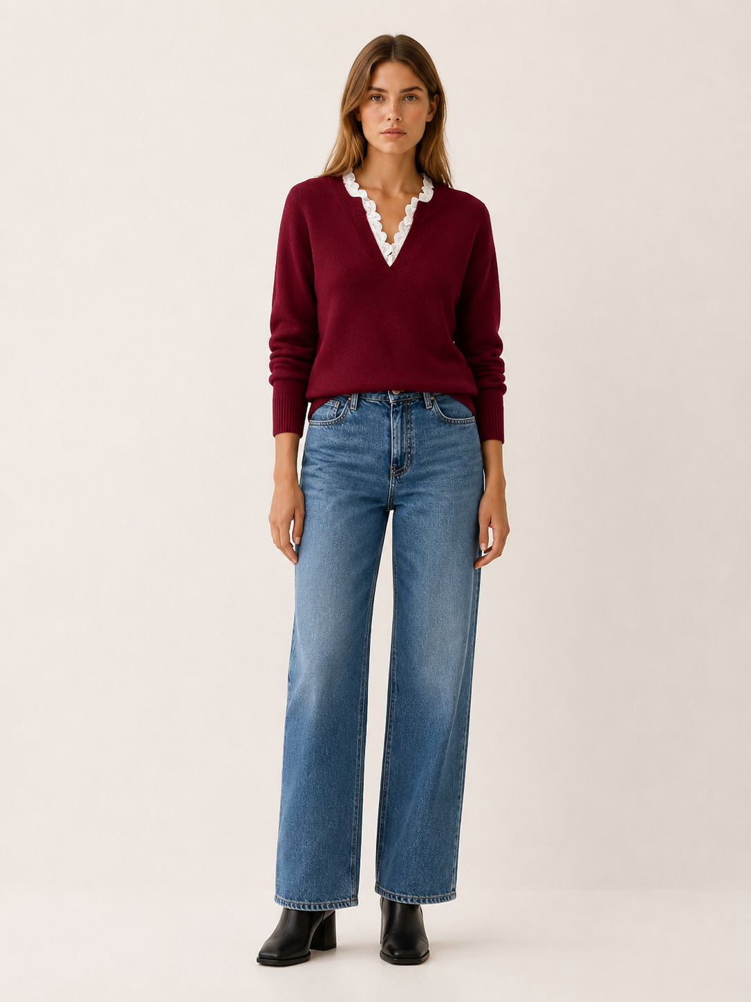 Aderyn | Women's Lace Insert V Neck Jumper