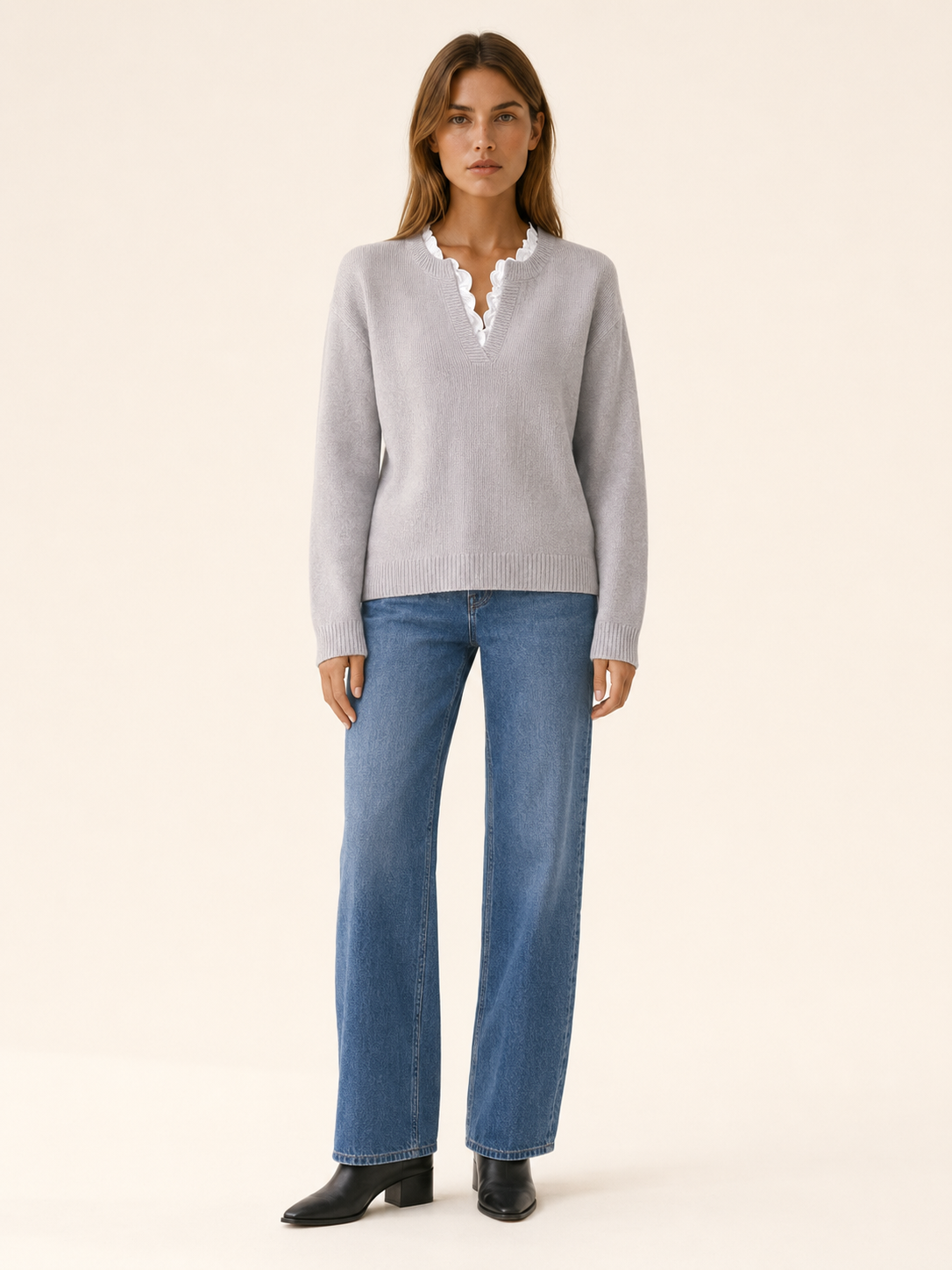 Aderyn | Women's Lace Insert V Neck Jumper