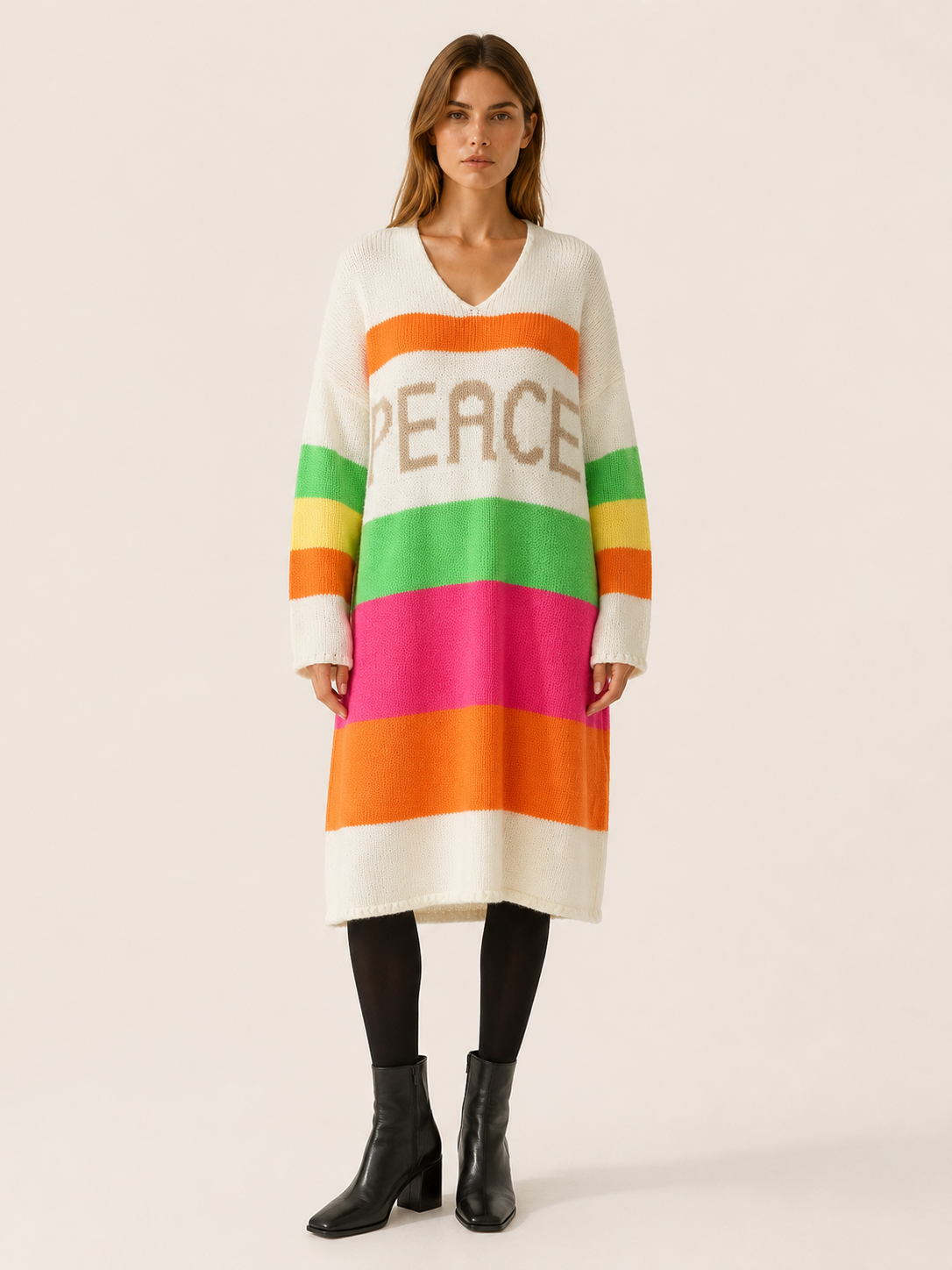 Aelvissa | Sweater Dress with V-Neck and Striped Panels