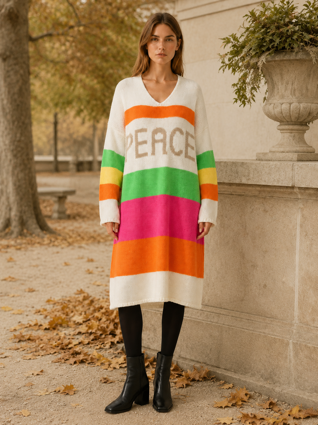 Aelvissa | Sweater Dress with V-Neck and Striped Panels