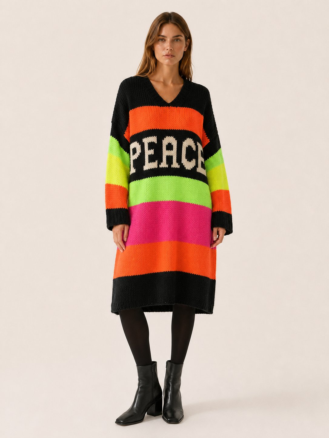 Aelvissa | Sweater Dress with V-Neck and Striped Panels