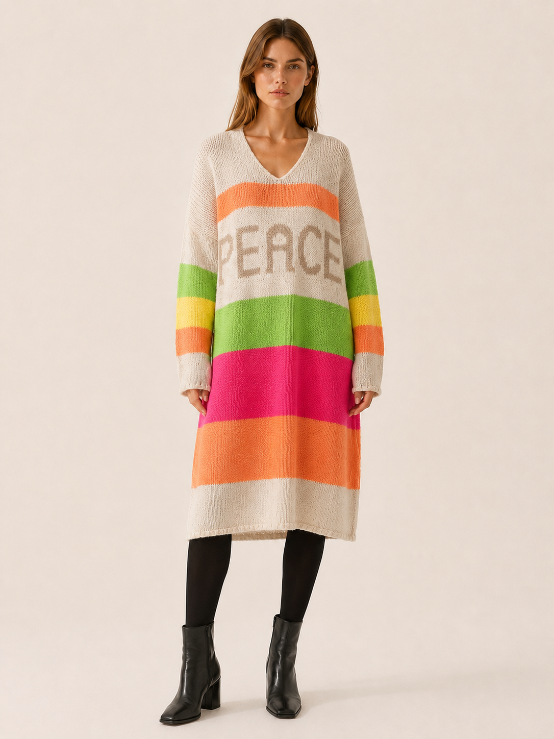 Aelvissa | Sweater Dress with V-Neck and Striped Panels