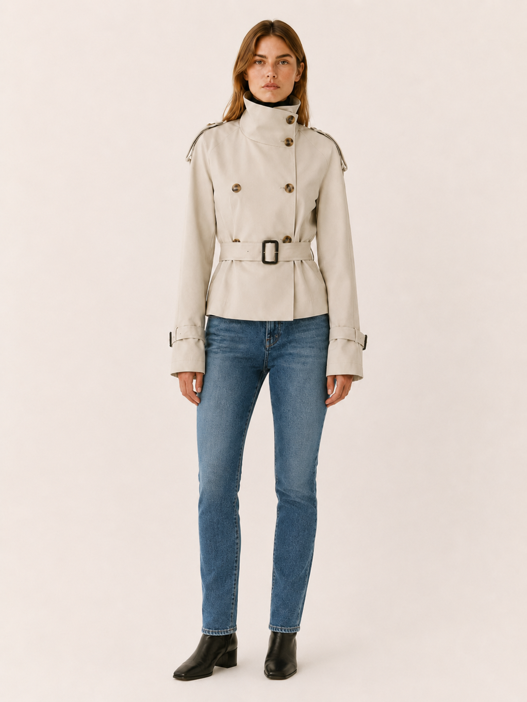 Ailsa | Cropped Trench Coat with High Collar and Belt