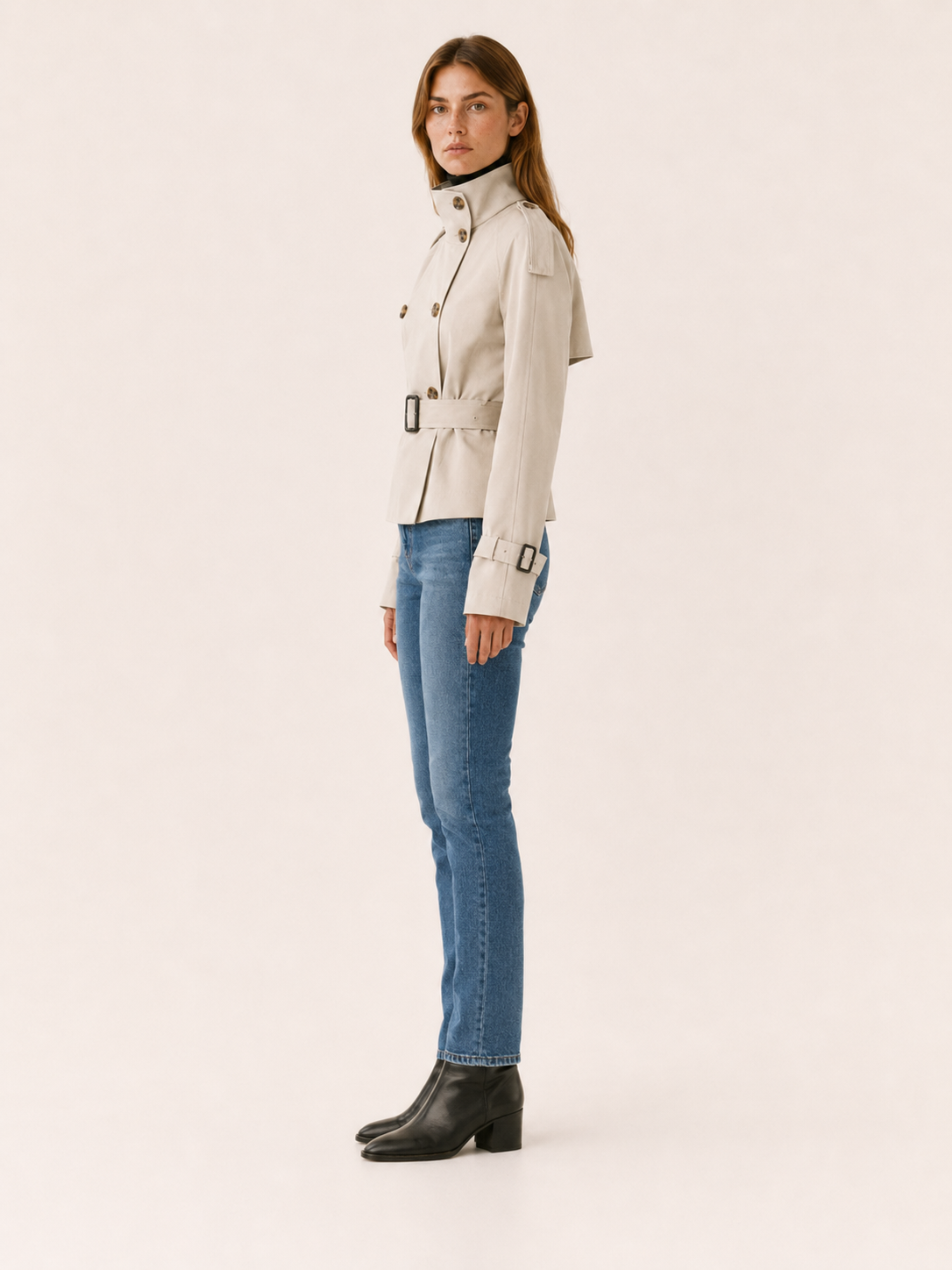Ailsa | Cropped Trench Coat with High Collar and Belt