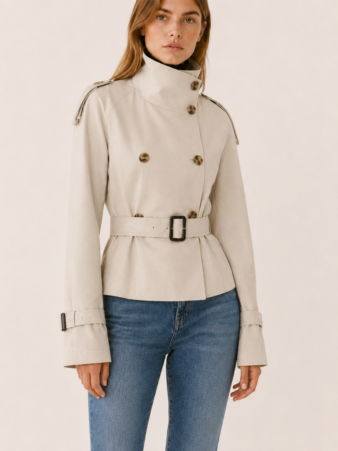 Ailsa | Cropped Trench Coat with High Collar and Belt