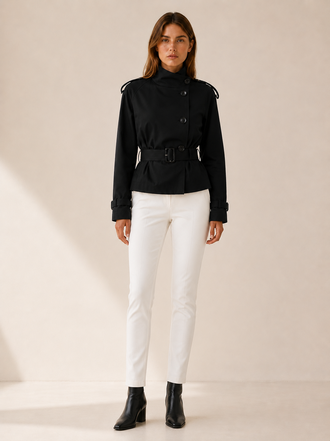 Ailsa | Cropped Trench Coat with High Collar and Belt