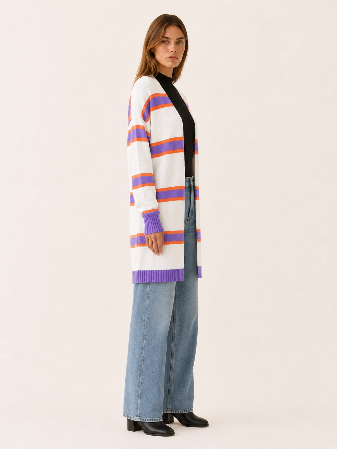 Ailsa | Long Striped Cardigan with Open Front
