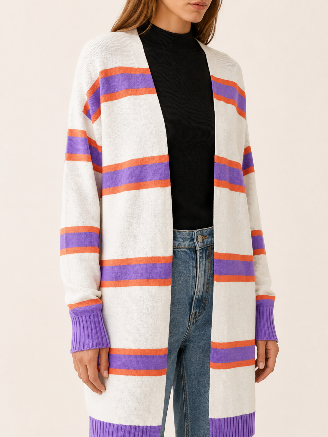 Ailsa | Long Striped Cardigan with Open Front