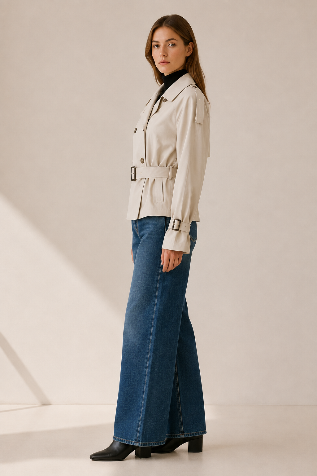 Ailsa | Short Trench Coat with High Collar and Belt