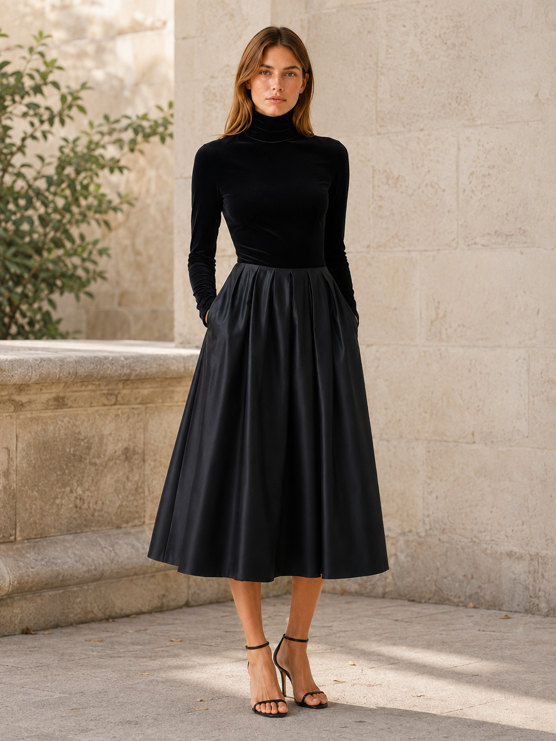 high neck velvet midi dress Annelise