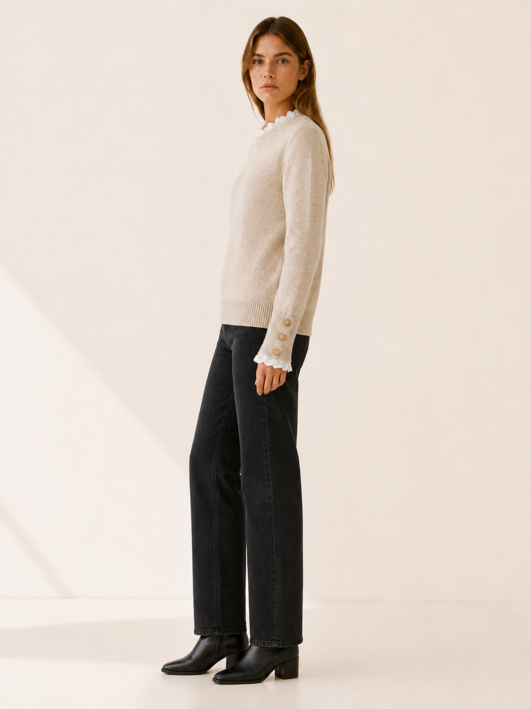 Apolena | Women's Lace Trim Round Neck Jumper