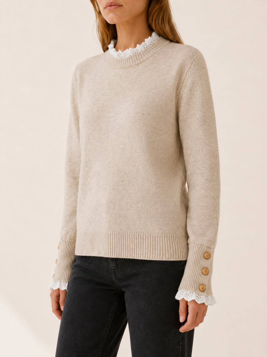 Apolena | Women's Lace Trim Round Neck Jumper