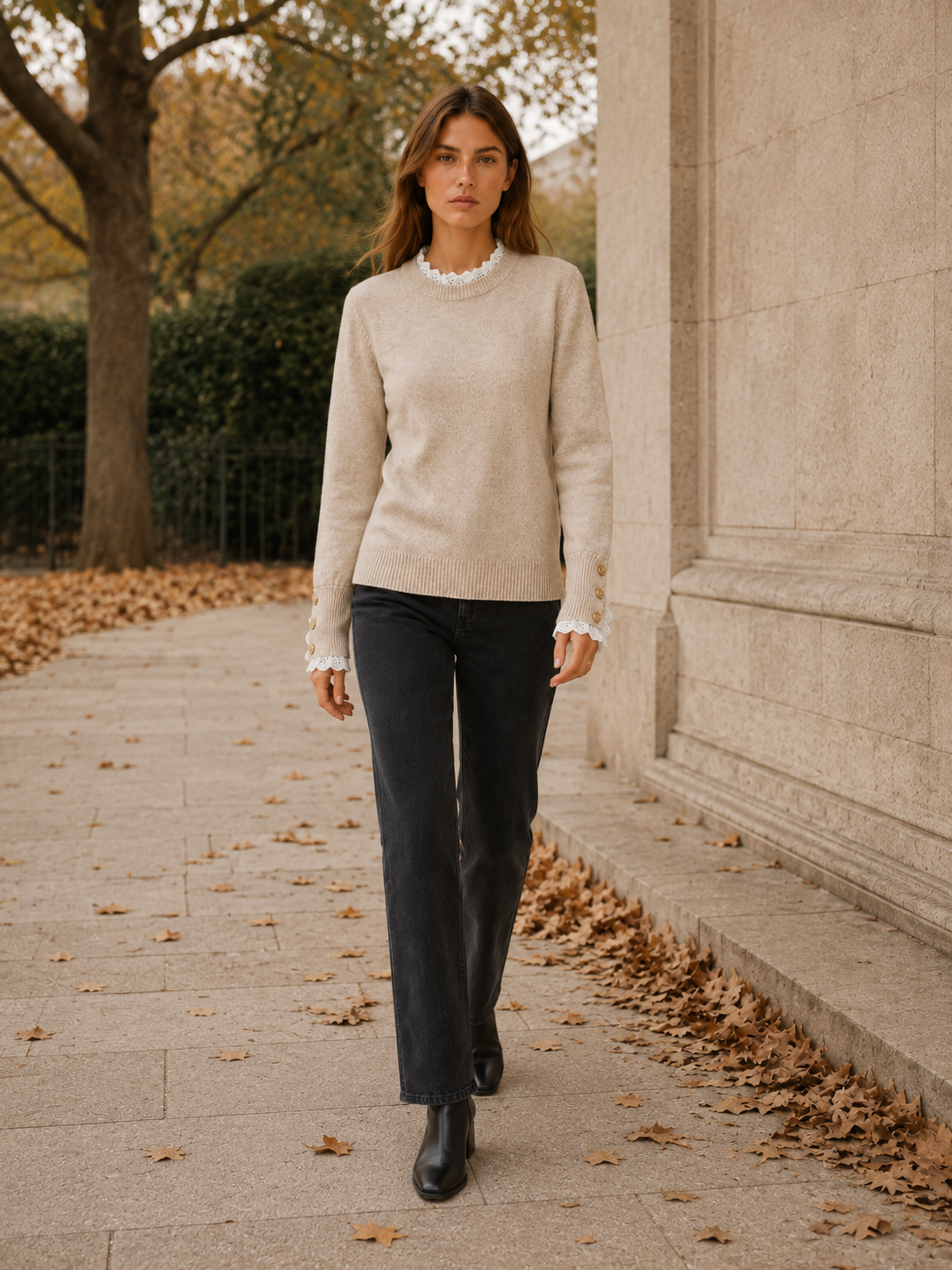 Apolena | Women's Lace Trim Round Neck Jumper