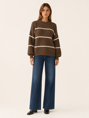 Arelisse | Knit Sweater with Striped Detail and Balloon Sleeves