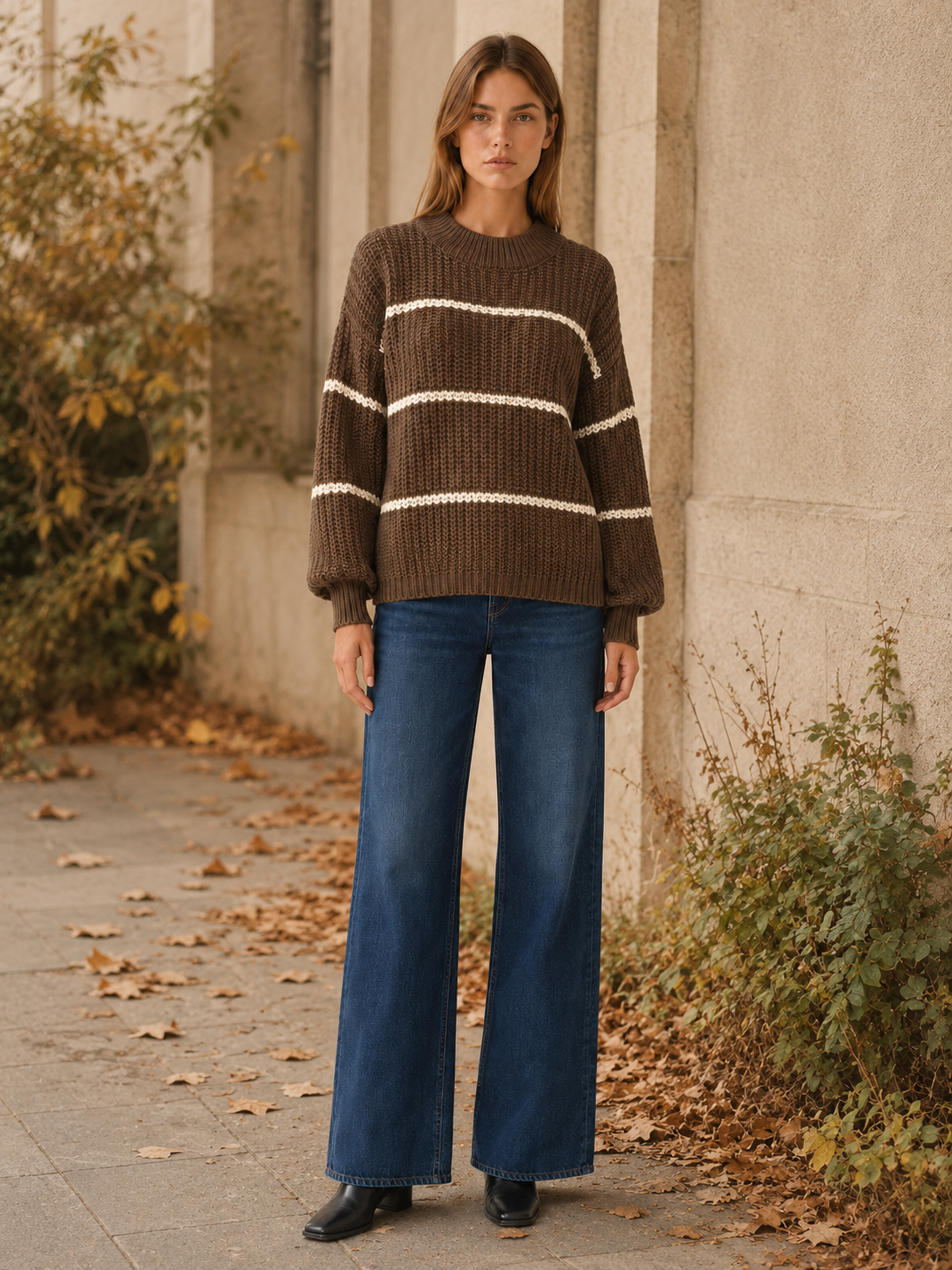 Arelisse | Knit Sweater with Striped Detail and Balloon Sleeves