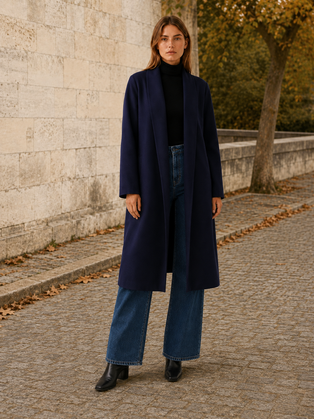 Ariane | Long Trench Coat with Open Front and Roll-Tab Sleeves