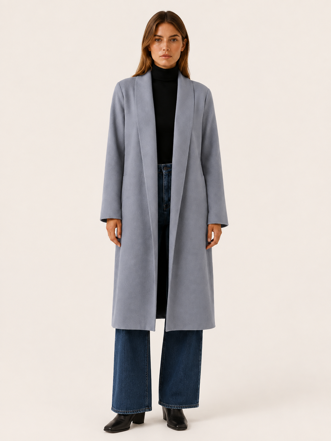 Ariane | Long Trench Coat with Open Front and Roll-Tab Sleeves