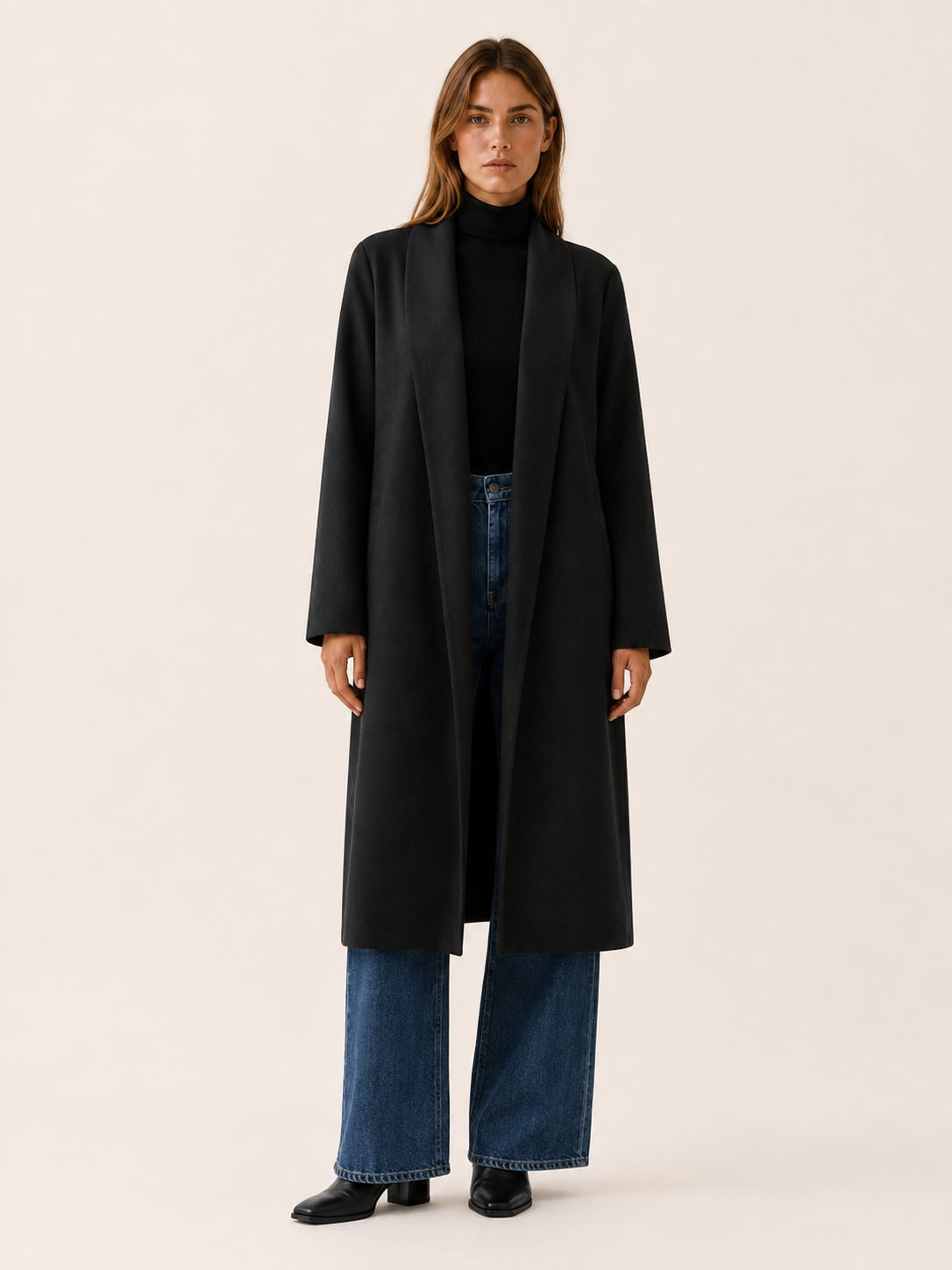 Ariane | Long Trench Coat with Open Front and Roll-Tab Sleeves