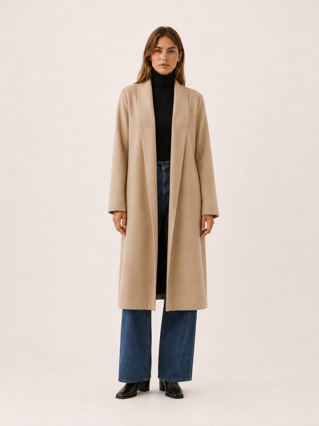 Ariane | Long Trench Coat with Open Front and Roll-Tab Sleeves